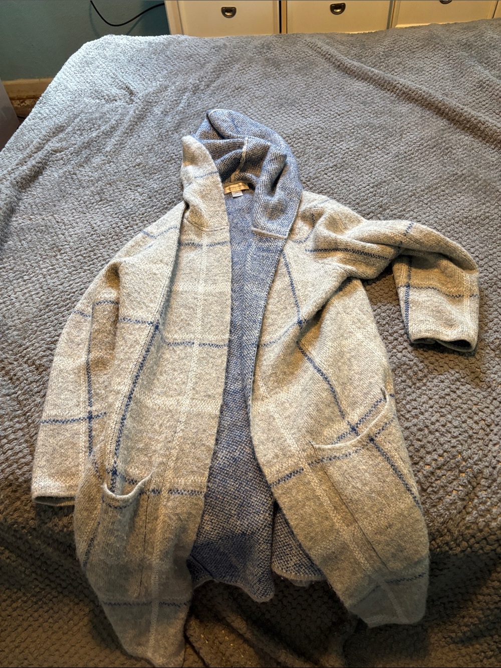 Womens size P/M Gray and Blue Hooded Open Cardigan Sweater